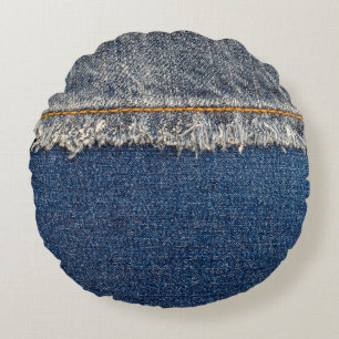 Orange Stitch, Double Denim Patch. Round Cushion