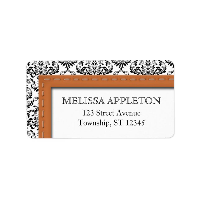 Orange Stitched Damask Personalised Address Labels (Front)