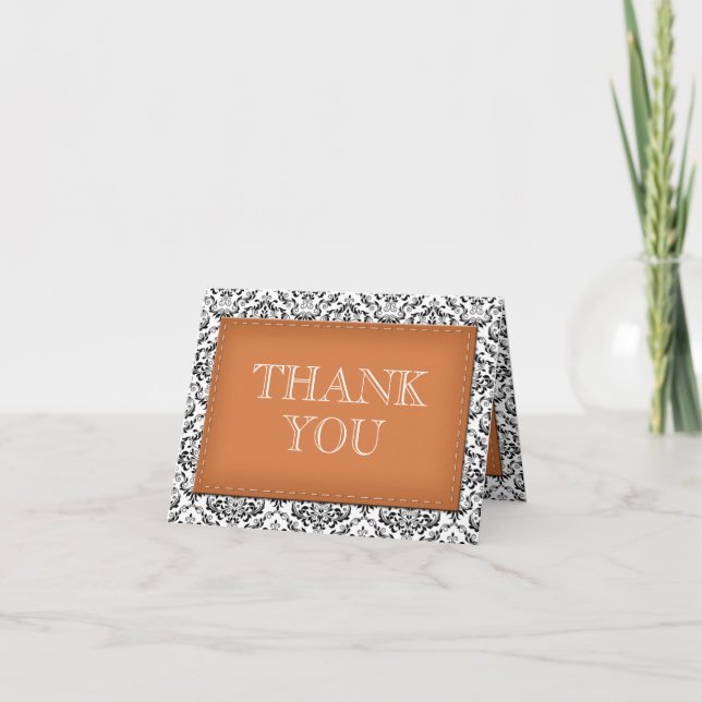 Orange Stitched Damask Thank You Note Cards (Front)