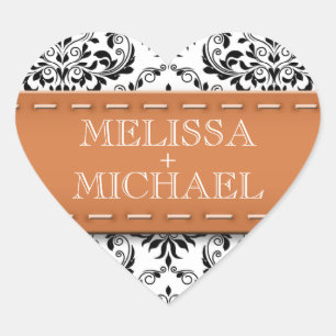 Orange Stitched Damask Wedding Heart Envelope Seal