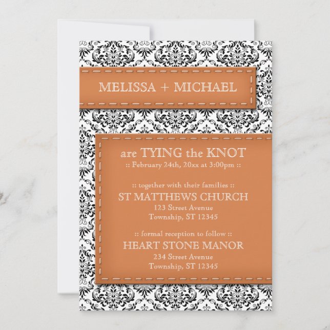Orange Stitched Damask Wedding Invitations (Front)