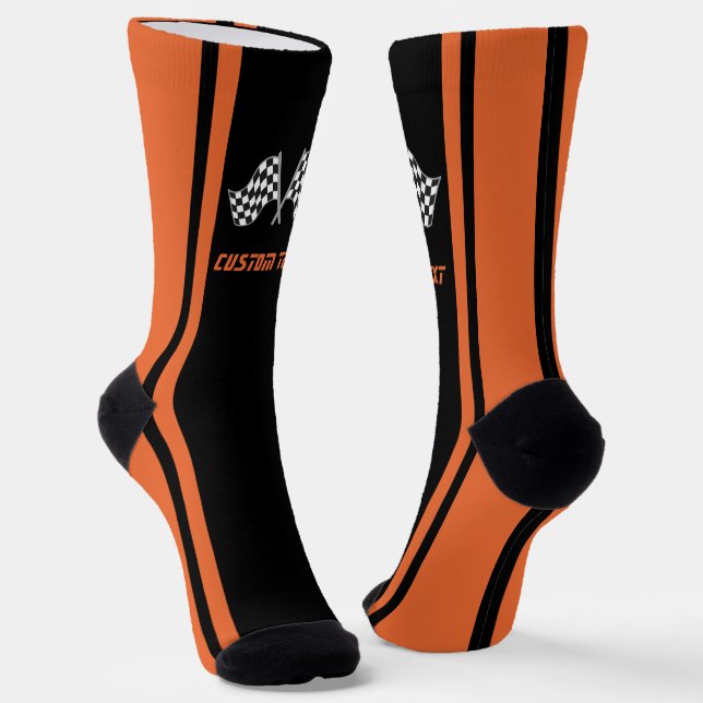 Orange Striped Racing Car Flags - Personalised Socks (Angled)