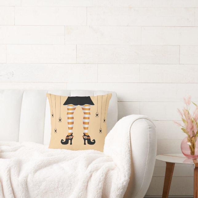 Orange Striped Witch Legs And Spiders Halloween Cushion (Couch)