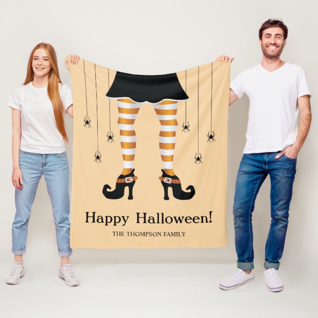 Orange Striped Witch Legs And Spiders Halloween Fleece Blanket (In Situ)