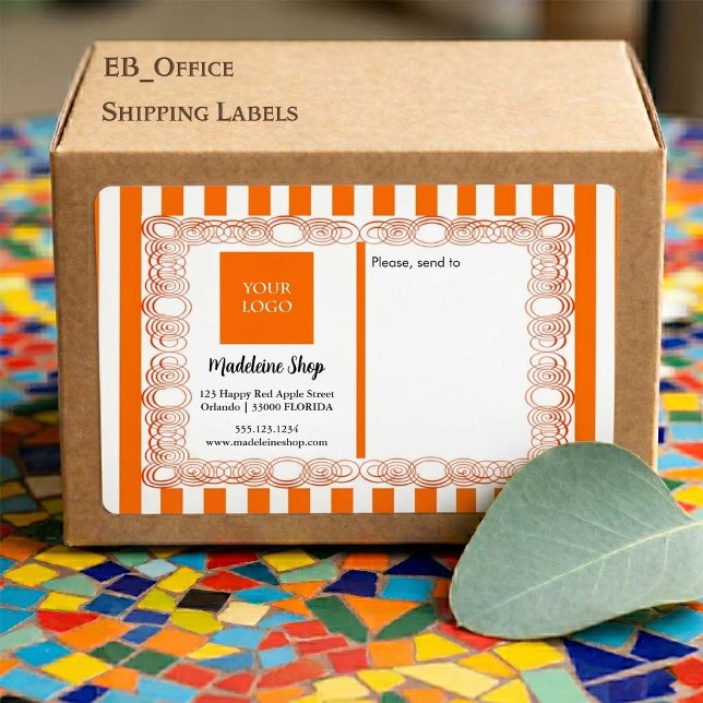 Orange Stripes & Curly Frame & Logo (Chic Orange & White Stripes with Logo.
Size: 3.75” L x 2” W - Eight labels per sheet
)