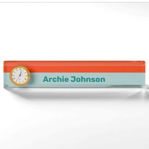 Orange Stripes Desk Nameplate with Clock