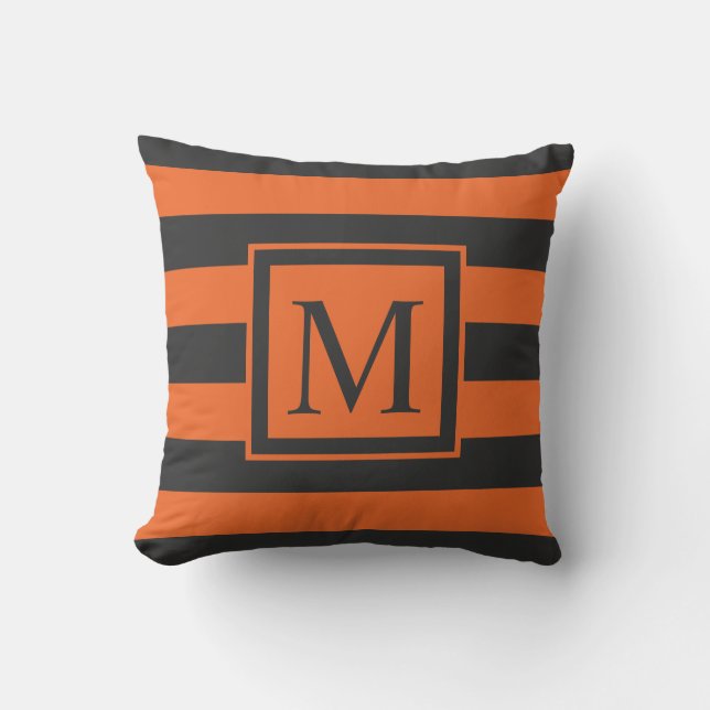 Orange Stripes Halloween Monogram | Throw Pillow (Front)