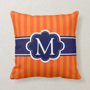 Orange Stripes Navy Blue Custom Monogram Initial Cushion