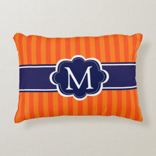 Orange Stripes Navy Blue Custom Monogram Initial Decorative Cushion