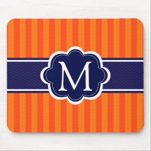 Orange Stripes Navy Blue Custom Monogram Initial Mouse Pad