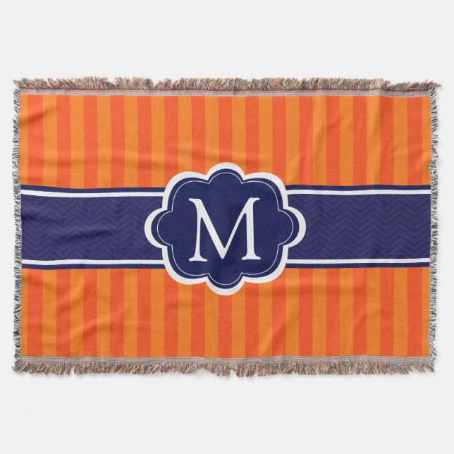 Orange Stripes Navy Blue Custom Monogram Initial Throw Blanket (Front)