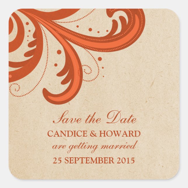 Orange Stylish Swirls Save the Date Stickers (Front)