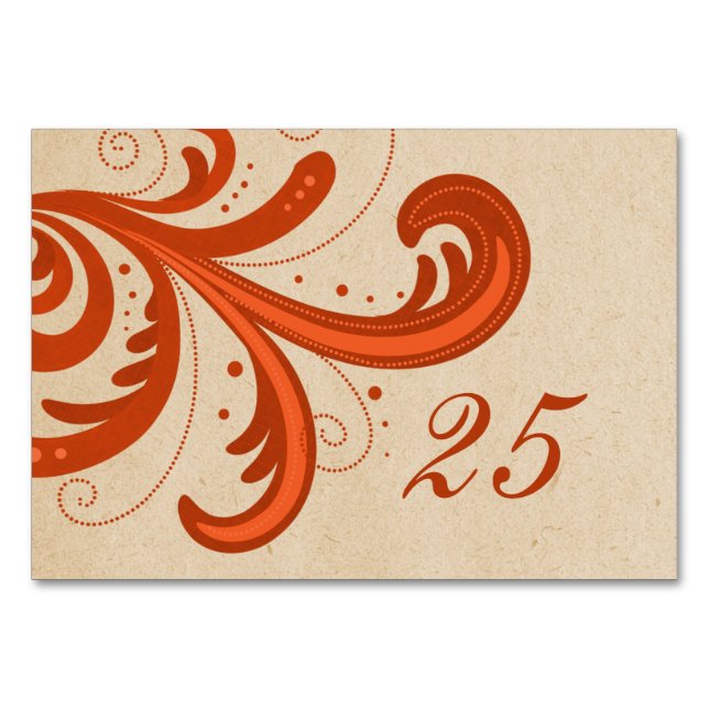 Orange Stylish Swirls Table Card (Front)