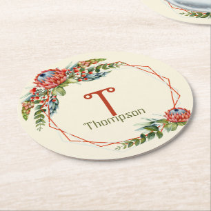 Orange Succulent Floral  Round Paper Coaster