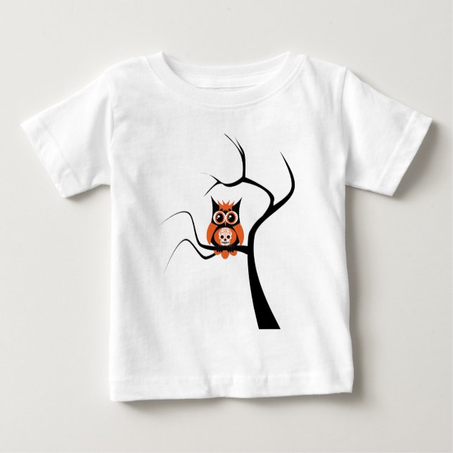 Orange Sugar Skull Owl in Tree Baby T-Shirt (Front)