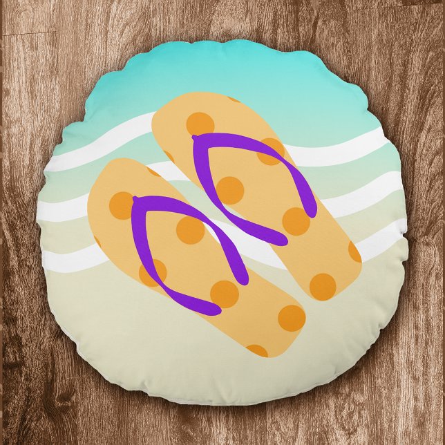 Orange Summer Beach Waves Flip Flops Decorative Round Cushion (Creator Uploaded)