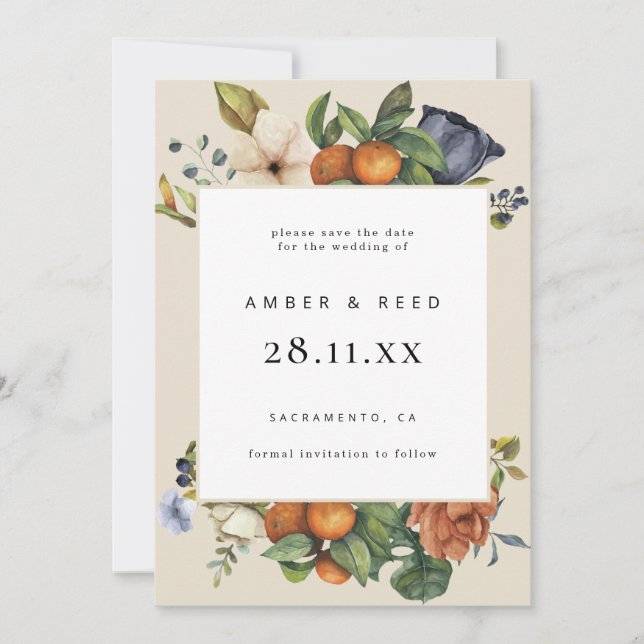 Orange Summer Floral Botanical Boho Save The Date (Front)