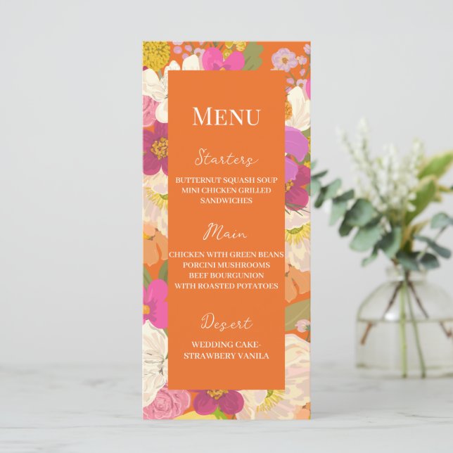 Orange Summer Floral Garden Wedding  Menu (Standing Front)