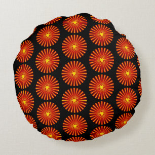 Orange Sunburst Fractal Art Beach House Pattern Round Cushion
