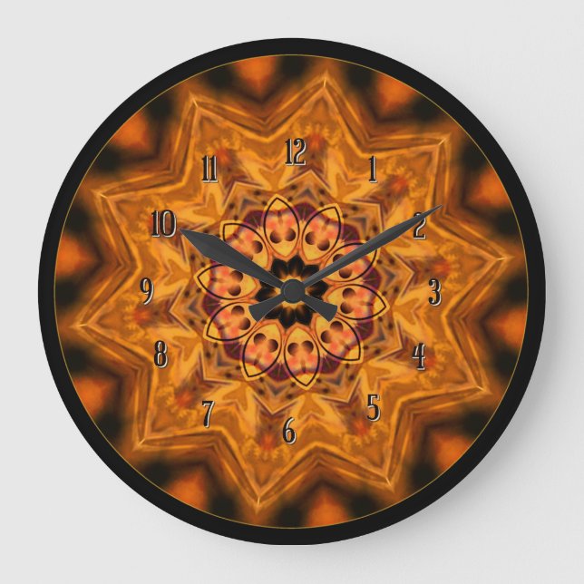 Orange Sunburst Mandala Wall Clock (Front)