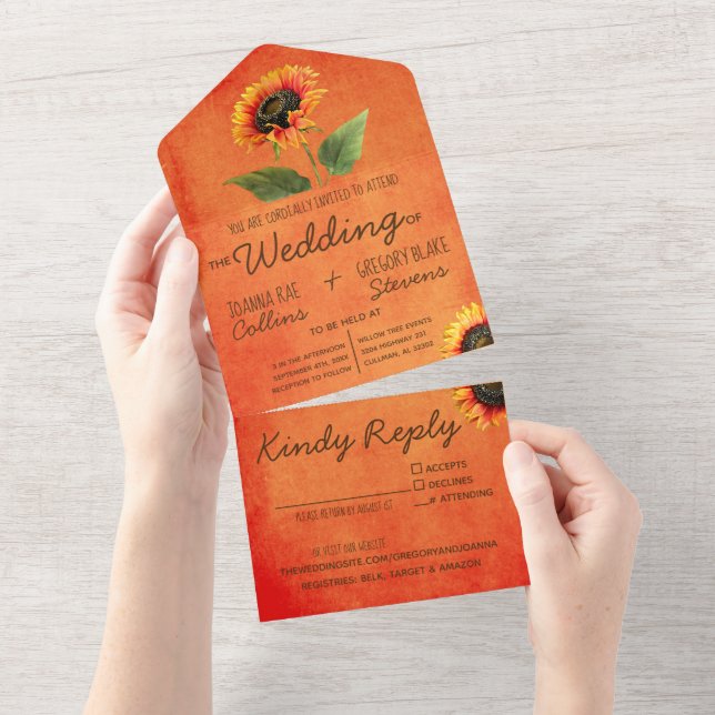 Orange Sunflower All in One Wedding Invitation (Tearaway)