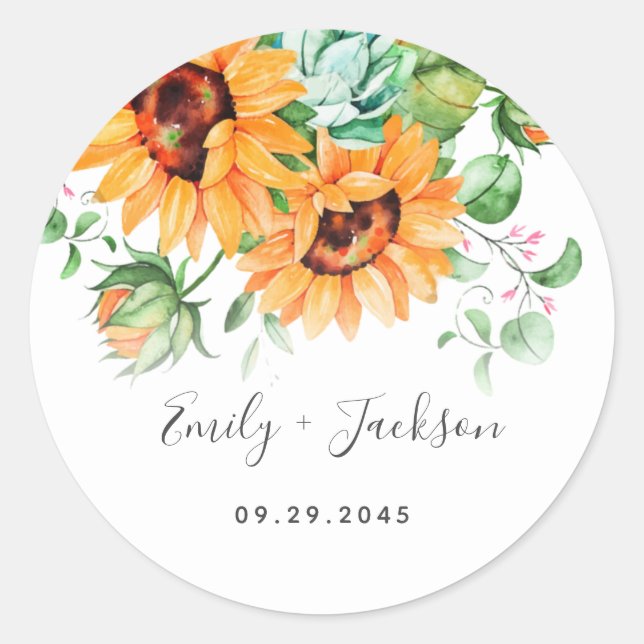 Orange Sunflower Florals Classic Round Sticker (Front)