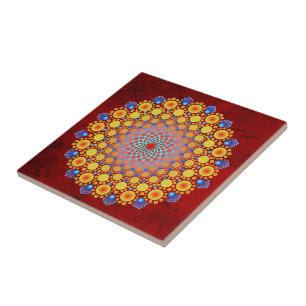 Orange Sunflower Mandala Ceramic Tile