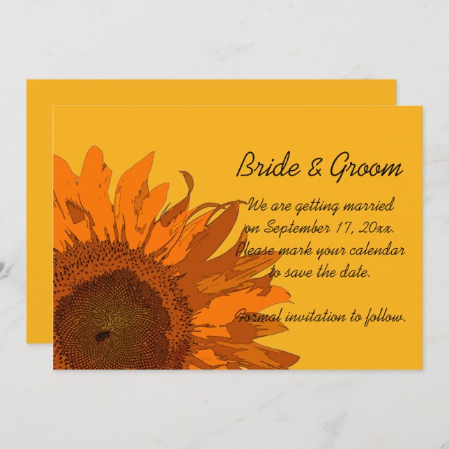 Orange Sunflower on Yellow Wedding Save the Date Invitation (Front/Back)