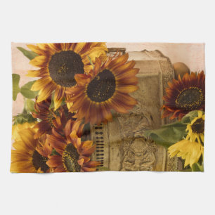 Orange Sunflowers In Tin Basket Tea Towel