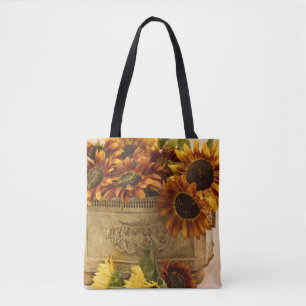 Orange Sunflowers In Tin Basket Tote Bag