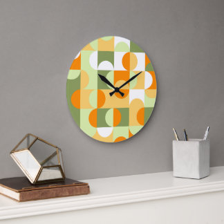 Orange Sunny Yellow Dark Green Retro Art Pattern Large Clock