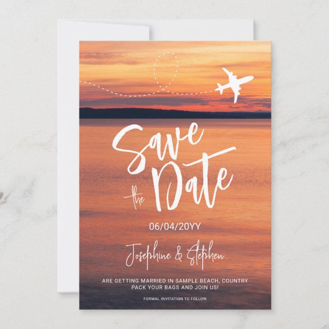 Orange Sunset Aeroplane Shape Destination Wedding Save The Date (Front)