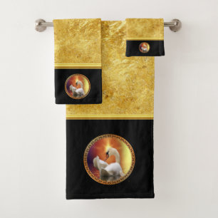Orange sunset behind a White Swan with gold foil Bath Towel Set