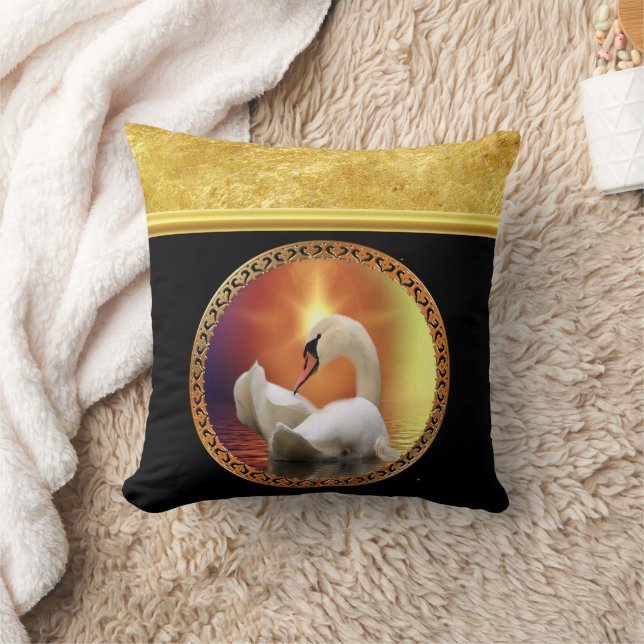 Orange sunset behind a White Swan with gold foil Cushion (Blanket)