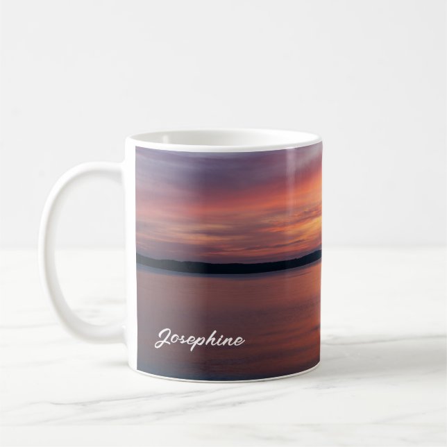 Orange Sunset Clouds Over Lake Water Custom Name Coffee Mug (Left)