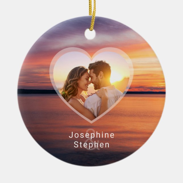 Orange Sunset Heart Couple Photo And Names Ceramic Ornament (Front)