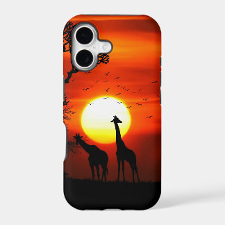 Orange Sunset in Africa w Giraffe Silhouette