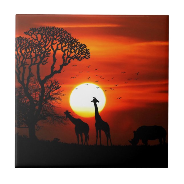 Orange Sunset in Africa w Giraffe Silhouette Ceramic Tile (Front)