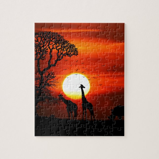 Orange Sunset in Africa w Giraffe Silhouette Jigsaw Puzzle (Vertical)