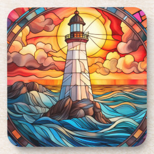 Orange Sunset Lighthouse Stained Glass Coaster
