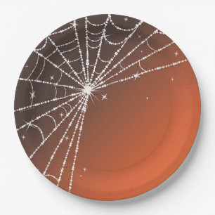 Orange Sunset Sparkling Diamond Spider Web Paper Plate