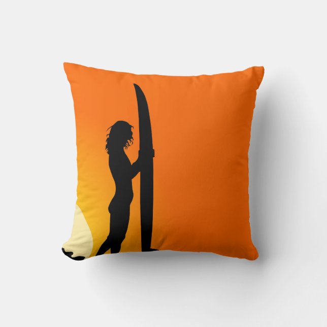 Orange Sunset surfer girl with surfboard Cushion (Front)
