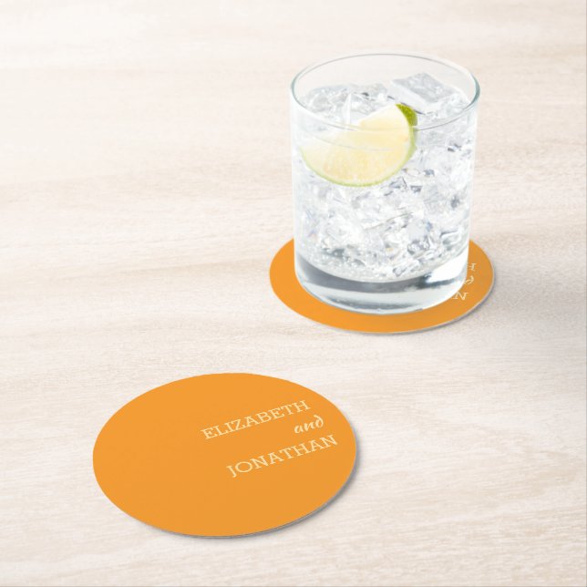 Orange Sunset Wedding Round Paper Coaster (Insitu)