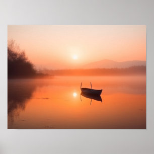 Orange sunset with a fishing boat poster