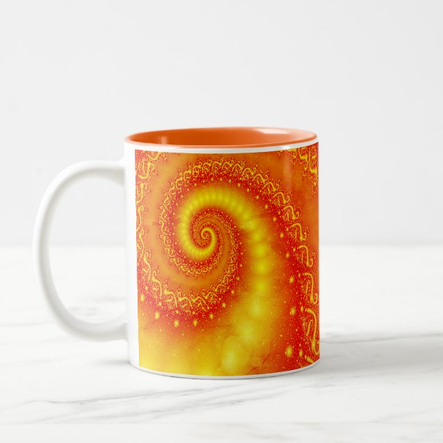 Orange Sunshine Abstract Fractal Spiral Monogram Two-Tone Coffee Mug (Left)