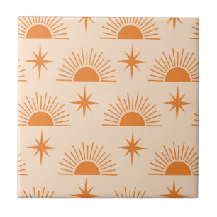 Orange Sunshine with Mid Century Starbursts  Ceramic Tile