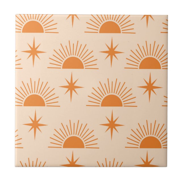 Orange Sunshine with Mid Century Starbursts  Ceramic Tile (Front)