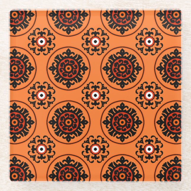 Orange Suzani Pattern Glass Coaster (Front)