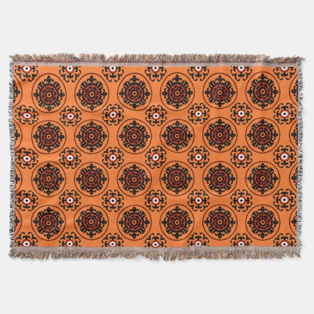 Orange Suzani Pattern Throw Blanket (Front)