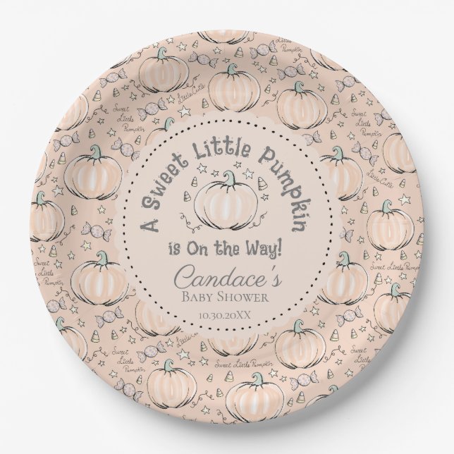 Orange Sweet Little Pumpkin Baby Shower Paper Plate (Front)